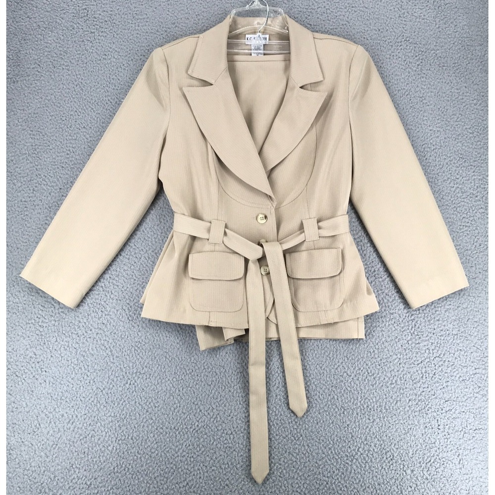 KC Spencer Skirt Suit Size 10 Long Sleeve Belted Beige Pin Stripe